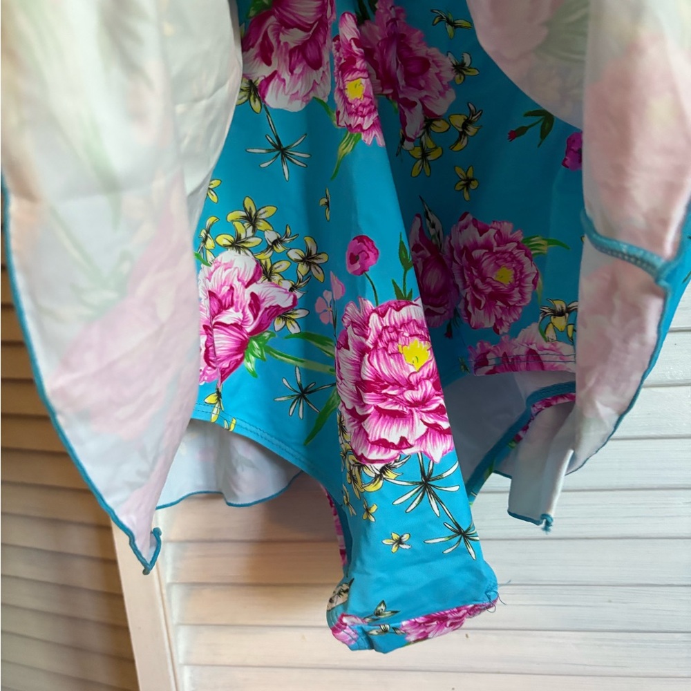 Betsey Johnson Pink Floral Blue Swimsuit - Picture 5 of 7
